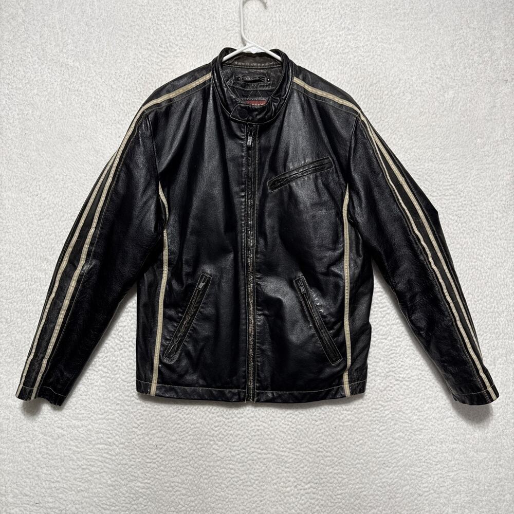 Wilsons Leather Jacket Mens Medium Black White Striped Cafe Racer Moto Biker